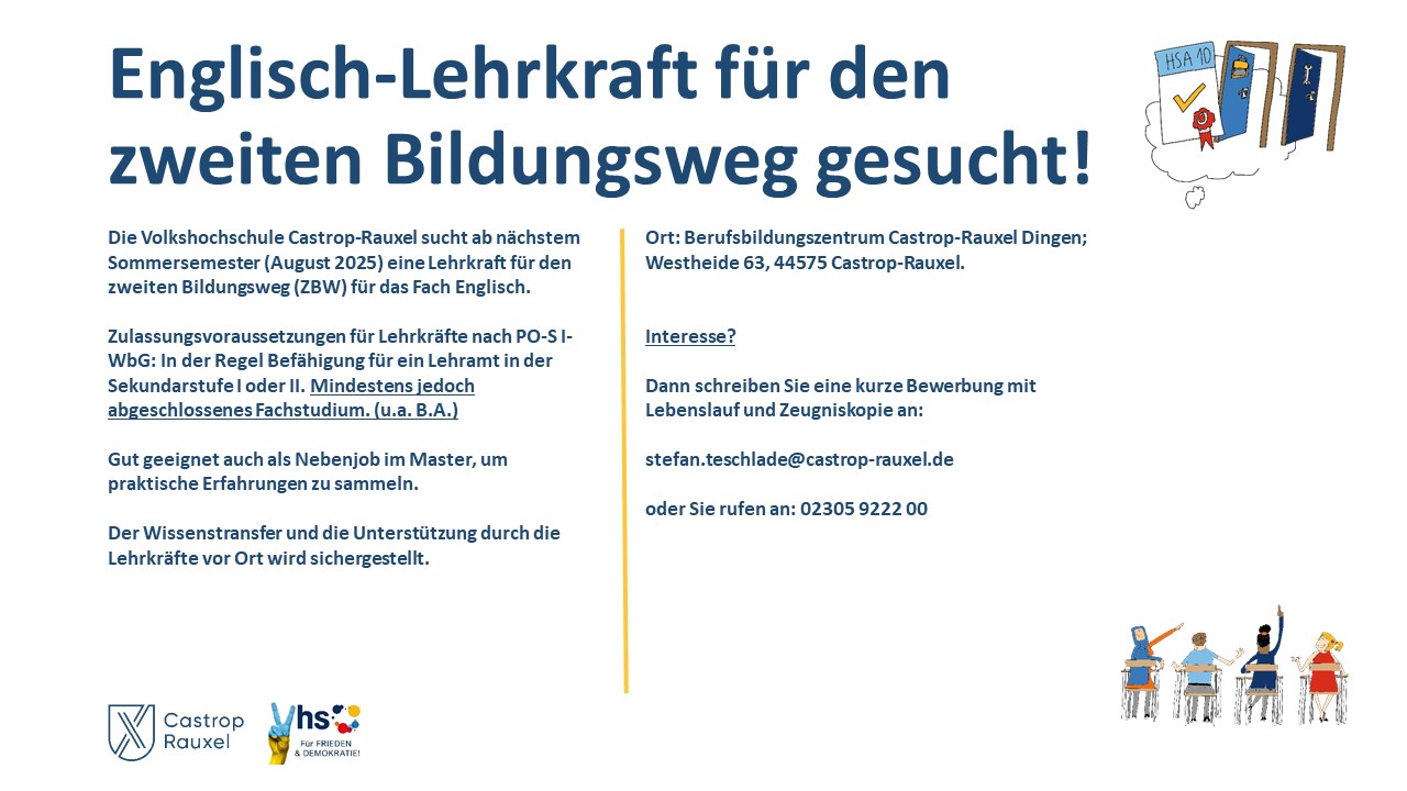 Öffnet die Seite 'Englisch-Lehrkraft für den zweiten Bildungsweg gesucht'